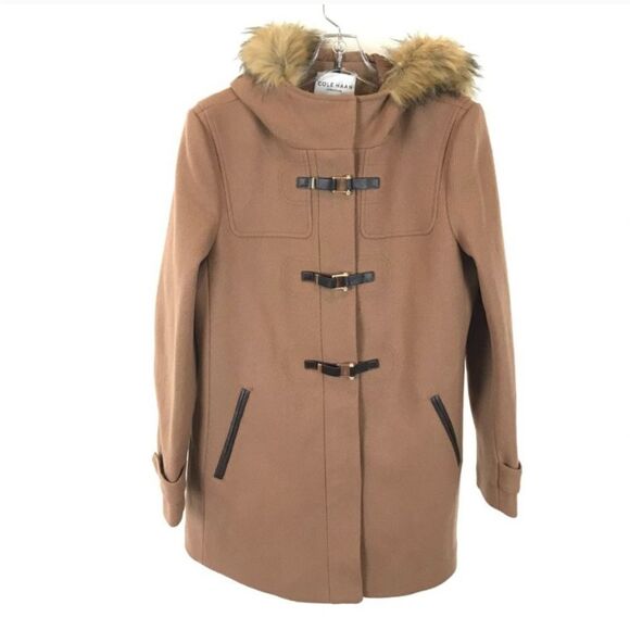 COLE HAAN | Wool Walker Coat Duffle Toggle Front Faux Fur Hood Size 10 - Picture 6 of 16